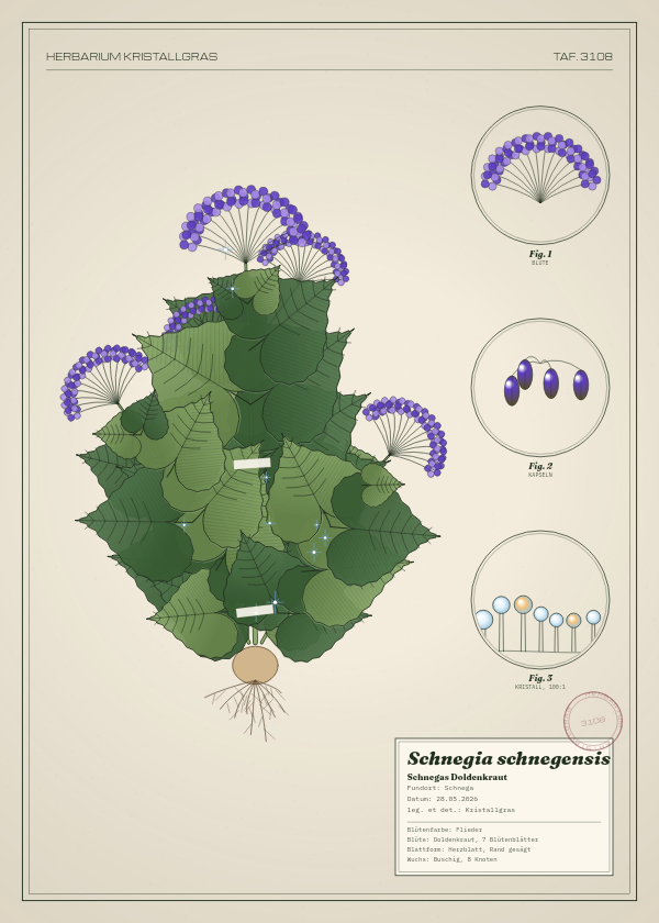 Botanische Tafel: Schnegia schnegensis, eine erfundene Pflanze aus Schnega, gezeichnet wie in einem alten Pflanzenatlas