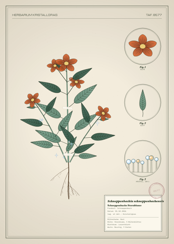 Botanische Tafel: Schneppenbachia schneppenbachensis, eine erfundene Pflanze aus Schneppenbach, gezeichnet wie in einem alten Pflanzenatlas