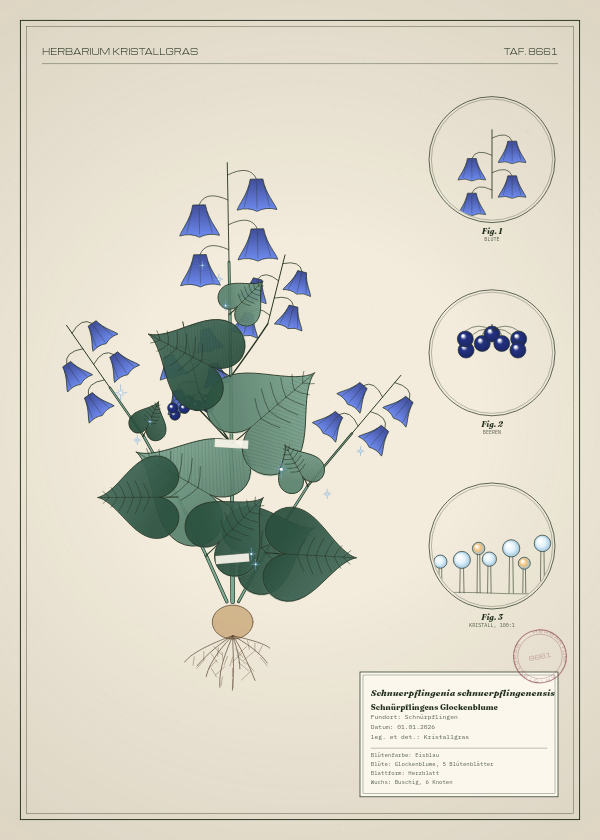 Botanische Tafel: Schnuerpflingenia schnuerpflingenensis, eine erfundene Pflanze aus Schnürpflingen, gezeichnet wie in einem alten Pflanzenatlas