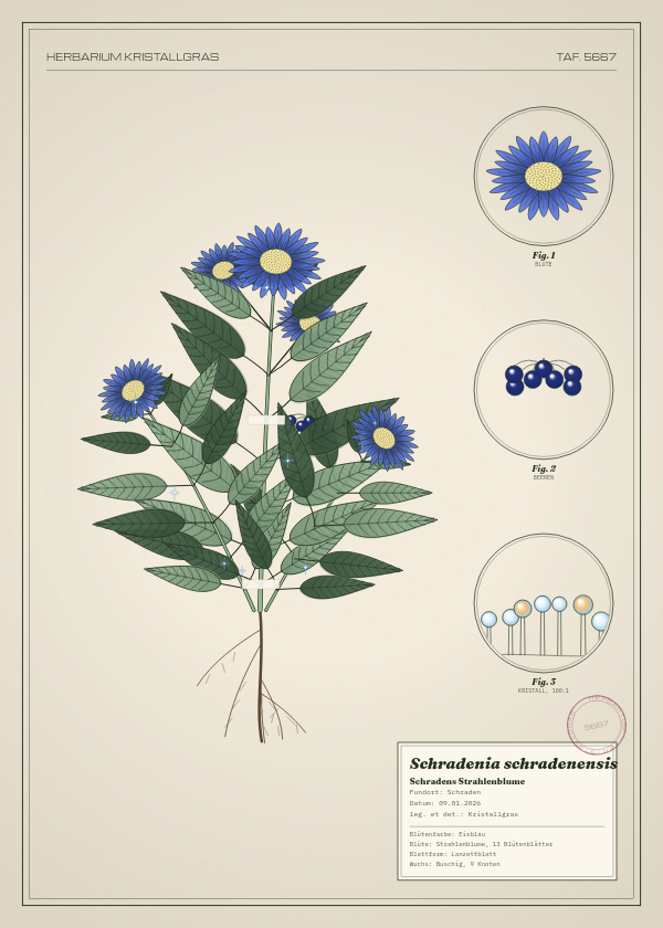 Botanische Tafel: Schradenia schradenensis, eine erfundene Pflanze aus Schraden, gezeichnet wie in einem alten Pflanzenatlas