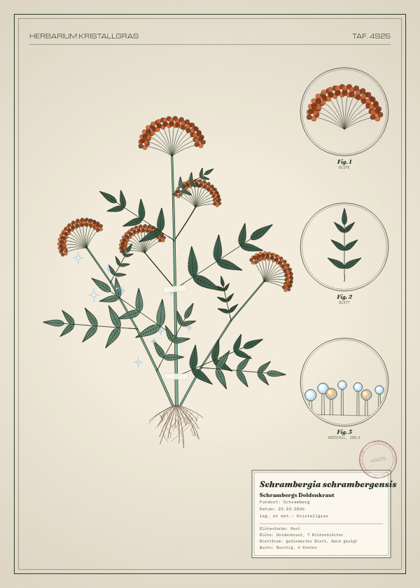 Botanische Tafel: Schrambergia schrambergensis, eine erfundene Pflanze aus Schramberg, gezeichnet wie in einem alten Pflanzenatlas