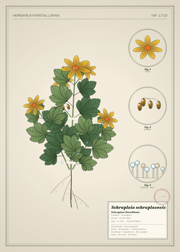 Botanische Tafel: Schraplaia schraplaensis, eine erfundene Pflanze aus Schraplau, gezeichnet wie in einem alten Pflanzenatlas