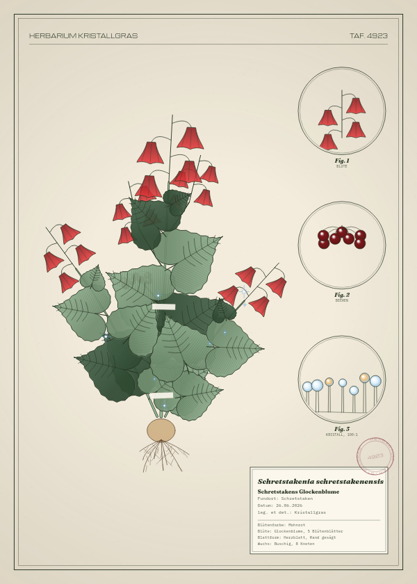 Botanische Tafel: Schretstakenia schretstakenensis, eine erfundene Pflanze aus Schretstaken, gezeichnet wie in einem alten Pflanzenatlas