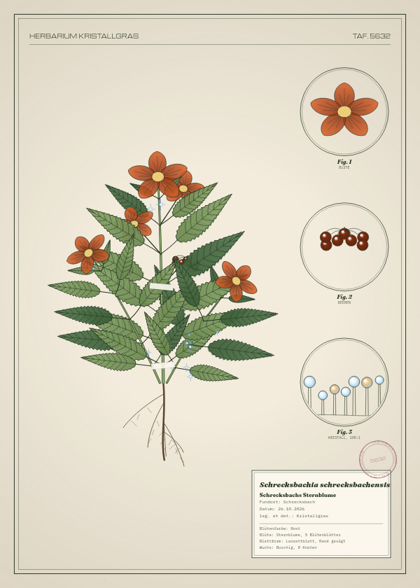 Botanische Tafel: Schrecksbachia schrecksbachensis, eine erfundene Pflanze aus Schrecksbach, gezeichnet wie in einem alten Pflanzenatlas