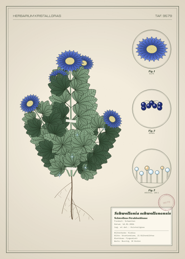 Botanische Tafel: Schwollenia schwollenensis, eine erfundene Pflanze aus Schwollen, gezeichnet wie in einem alten Pflanzenatlas
