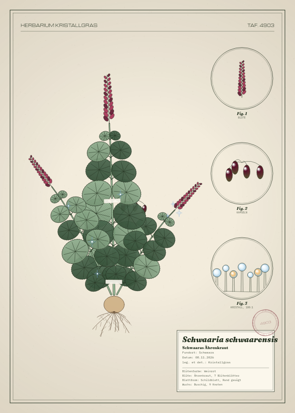 Botanische Tafel: Schwaaria schwaarensis, eine erfundene Pflanze aus Schwaara, gezeichnet wie in einem alten Pflanzenatlas