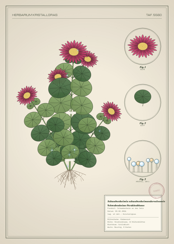 Botanische Tafel: Schwabenheimia schwabenheimanderselzensis, eine erfundene Pflanze aus Schwabenheim an der Selz, gezeichnet wie in einem alten Pflanzenatlas