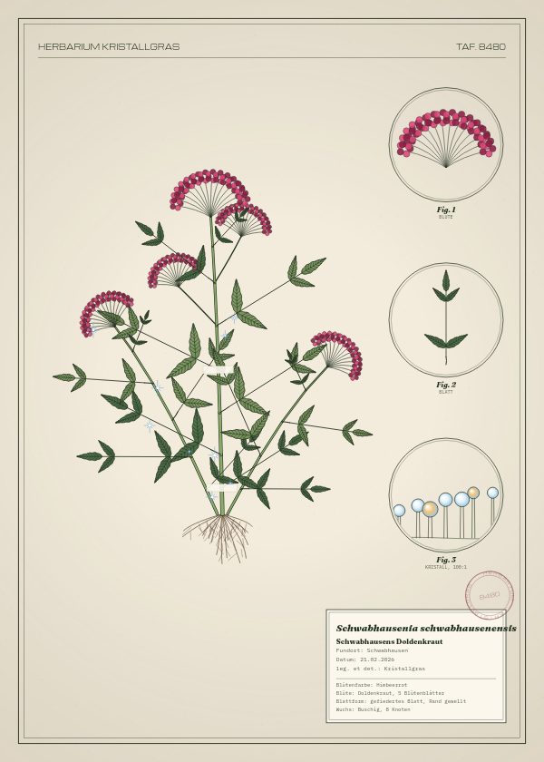 Botanische Tafel: Schwabhausenia schwabhausenensis, eine erfundene Pflanze aus Schwabhausen, gezeichnet wie in einem alten Pflanzenatlas