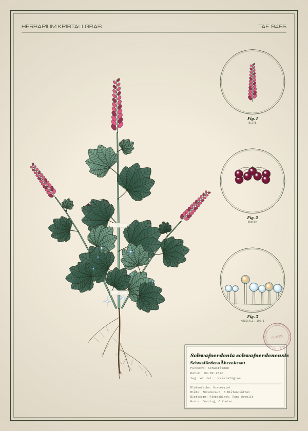 Botanische Tafel: Schwafoerdenia schwafoerdenensis, eine erfundene Pflanze aus Schwaförden, gezeichnet wie in einem alten Pflanzenatlas