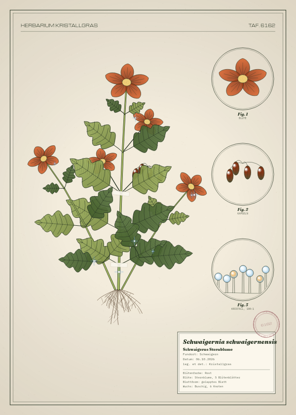 Botanische Tafel: Schwaigernia schwaigernensis, eine erfundene Pflanze aus Schwaigern, gezeichnet wie in einem alten Pflanzenatlas