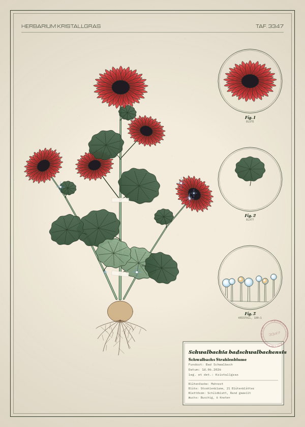 Botanische Tafel: Schwalbachia badschwalbachensis, eine erfundene Pflanze aus Bad Schwalbach, gezeichnet wie in einem alten Pflanzenatlas