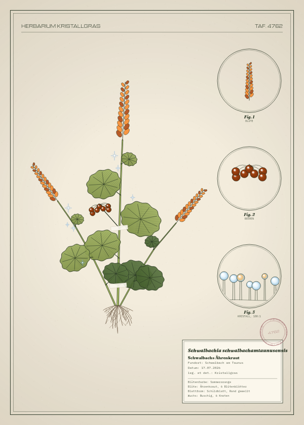 Botanische Tafel: Schwalbachia schwalbachamtaunusensis, eine erfundene Pflanze aus Schwalbach am Taunus, gezeichnet wie in einem alten Pflanzenatlas