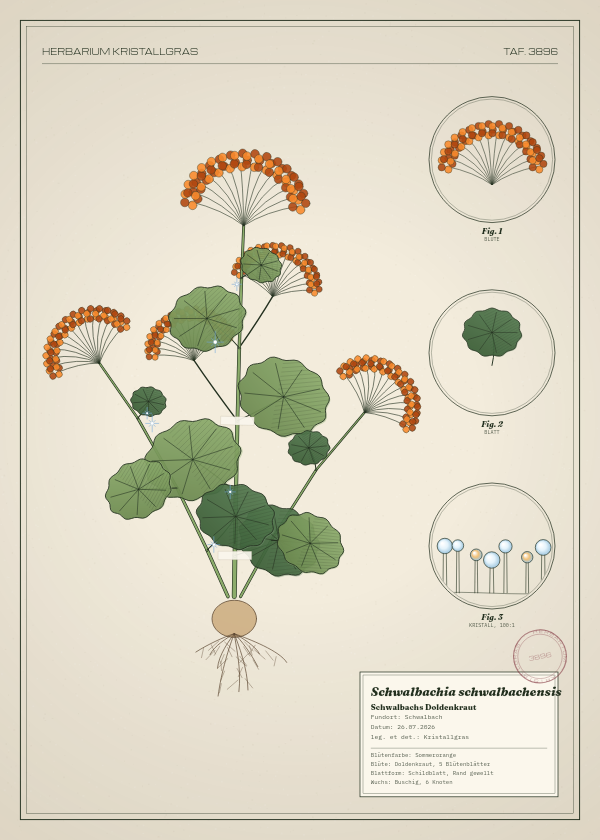Botanische Tafel: Schwalbachia schwalbachensis, eine erfundene Pflanze aus Schwalbach, gezeichnet wie in einem alten Pflanzenatlas