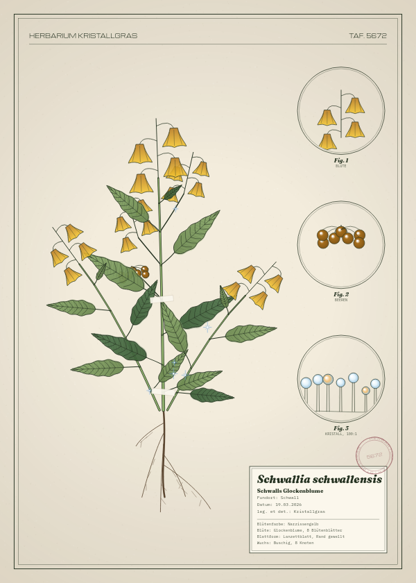 Botanische Tafel: Schwallia schwallensis, eine erfundene Pflanze aus Schwall, gezeichnet wie in einem alten Pflanzenatlas