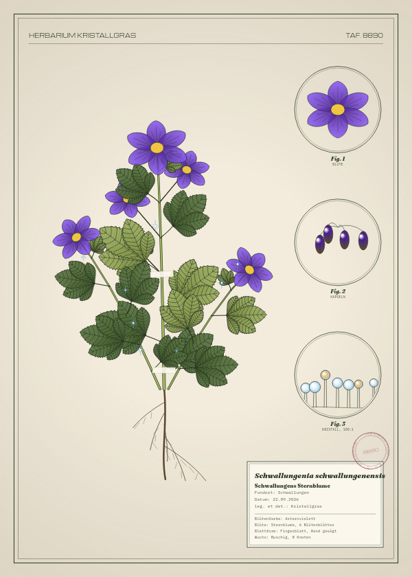 Botanische Tafel: Schwallungenia schwallungenensis, eine erfundene Pflanze aus Schwallungen, gezeichnet wie in einem alten Pflanzenatlas