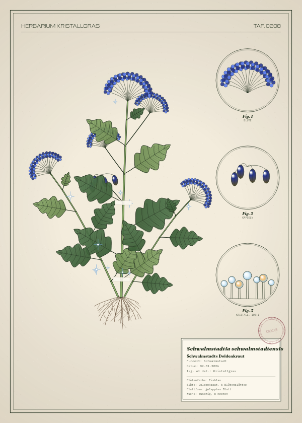 Botanische Tafel: Schwalmstadtia schwalmstadtensis, eine erfundene Pflanze aus Schwalmstadt, gezeichnet wie in einem alten Pflanzenatlas