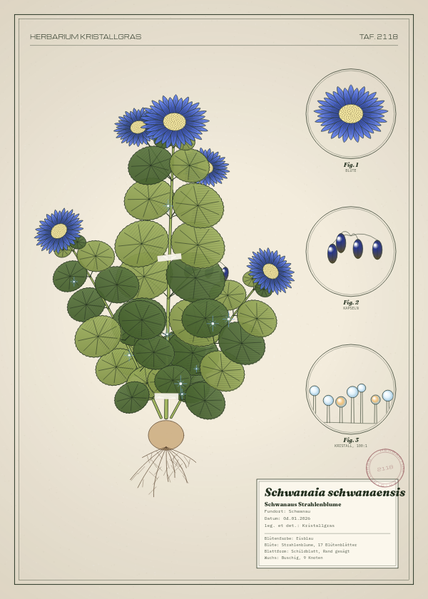Botanische Tafel: Schwanaia schwanaensis, eine erfundene Pflanze aus Schwanau, gezeichnet wie in einem alten Pflanzenatlas