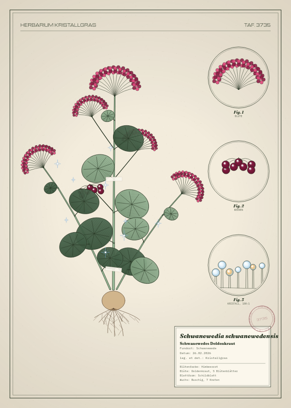 Botanische Tafel: Schwanewedia schwanewedensis, eine erfundene Pflanze aus Schwanewede, gezeichnet wie in einem alten Pflanzenatlas
