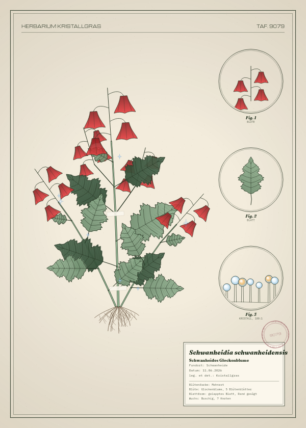 Botanische Tafel: Schwanheidia schwanheidensis, eine erfundene Pflanze aus Schwanheide, gezeichnet wie in einem alten Pflanzenatlas