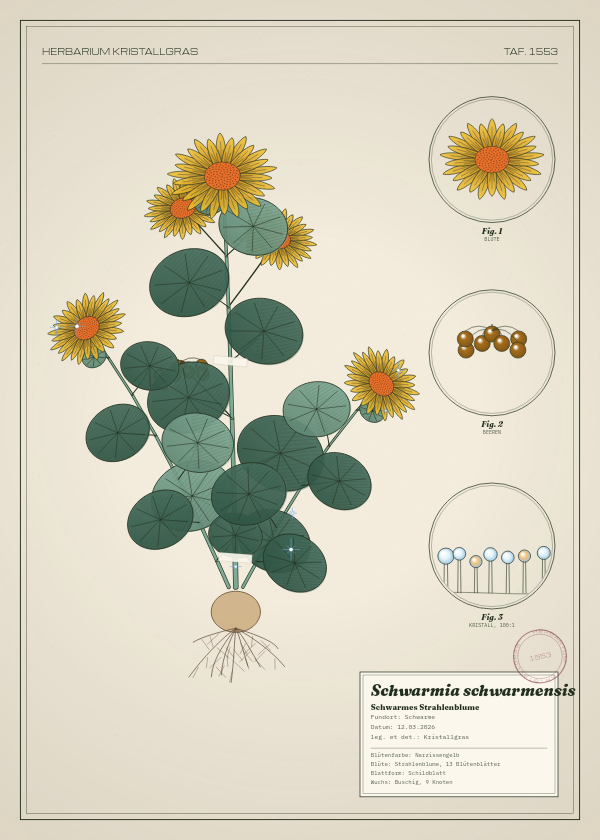 Botanische Tafel: Schwarmia schwarmensis, eine erfundene Pflanze aus Schwarme, gezeichnet wie in einem alten Pflanzenatlas