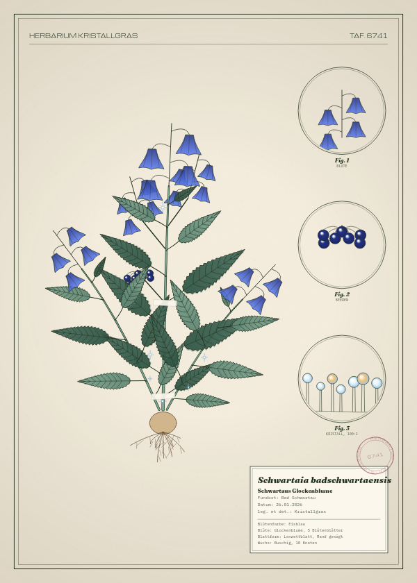 Botanische Tafel: Schwartaia badschwartaensis, eine erfundene Pflanze aus Bad Schwartau, gezeichnet wie in einem alten Pflanzenatlas