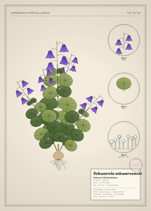 Botanische Tafel: Schwarzia schwarzensis, eine erfundene Pflanze aus Schwarz, gezeichnet wie in einem alten Pflanzenatlas