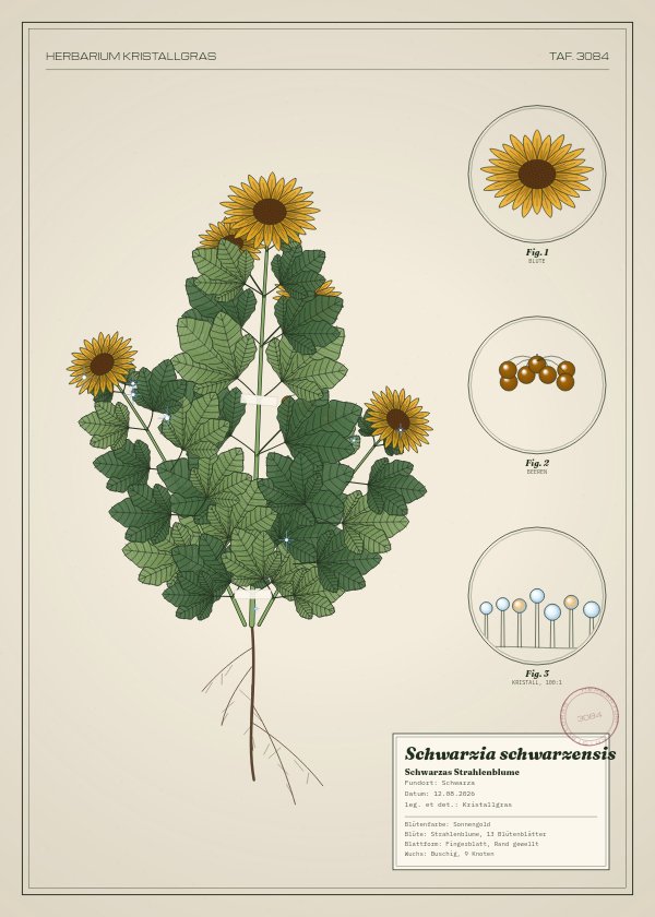 Botanische Tafel: Schwarzia schwarzensis, eine erfundene Pflanze aus Schwarza, gezeichnet wie in einem alten Pflanzenatlas