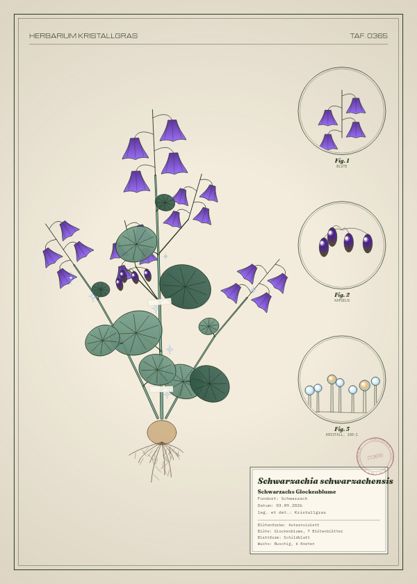 Botanische Tafel: Schwarzachia schwarzachensis, eine erfundene Pflanze aus Schwarzach, gezeichnet wie in einem alten Pflanzenatlas