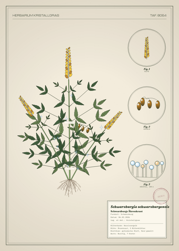 Botanische Tafel: Schwarzburgia schwarzburgensis, eine erfundene Pflanze aus Schwarzburg, gezeichnet wie in einem alten Pflanzenatlas