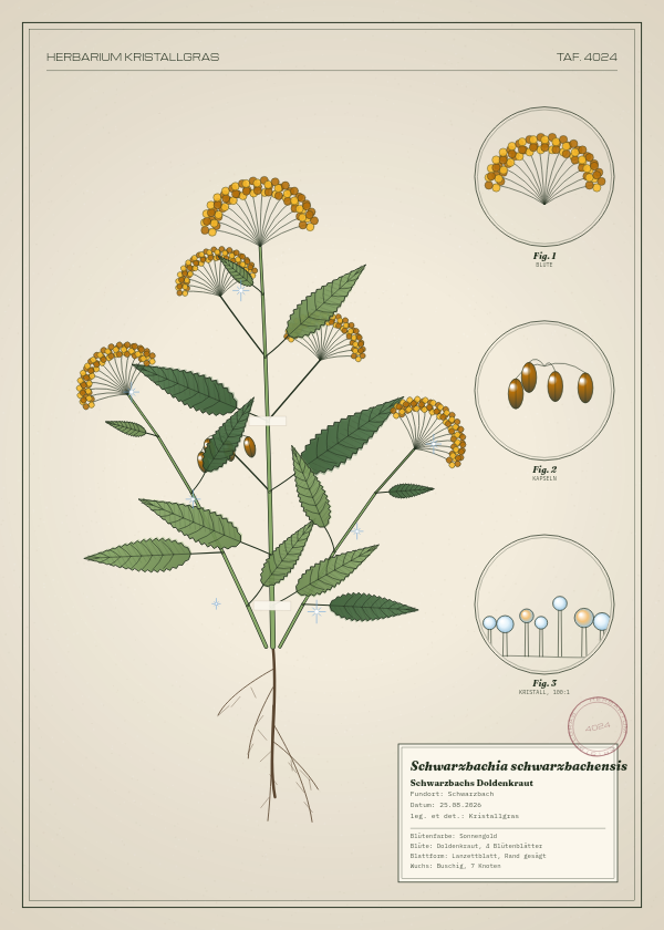 Botanische Tafel: Schwarzbachia schwarzbachensis, eine erfundene Pflanze aus Schwarzbach, gezeichnet wie in einem alten Pflanzenatlas