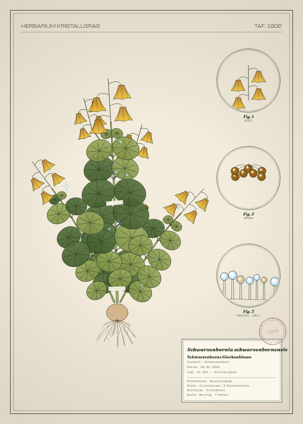 Botanische Tafel: Schwarzenbornia schwarzenbornensis, eine erfundene Pflanze aus Schwarzenborn, gezeichnet wie in einem alten Pflanzenatlas