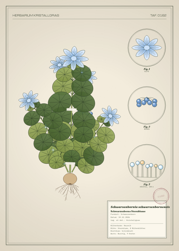Botanische Tafel: Schwarzenbornia schwarzenbornensis, eine erfundene Pflanze aus Schwarzenborn, gezeichnet wie in einem alten Pflanzenatlas