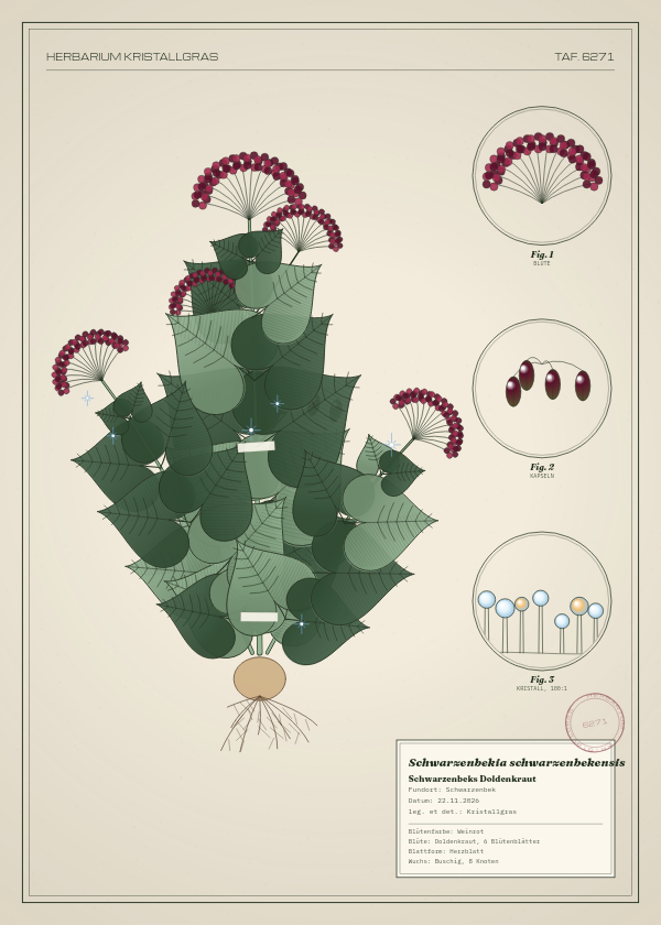 Botanische Tafel: Schwarzenbekia schwarzenbekensis, eine erfundene Pflanze aus Schwarzenbek, gezeichnet wie in einem alten Pflanzenatlas
