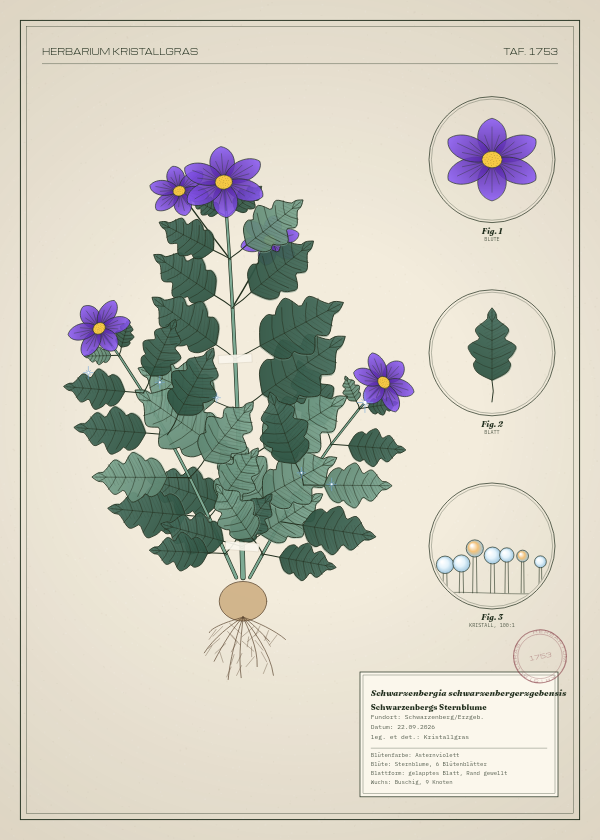 Botanische Tafel: Schwarzenbergia schwarzenbergerzgebensis, eine erfundene Pflanze aus Schwarzenberg/Erzgeb., gezeichnet wie in einem alten Pflanzenatlas