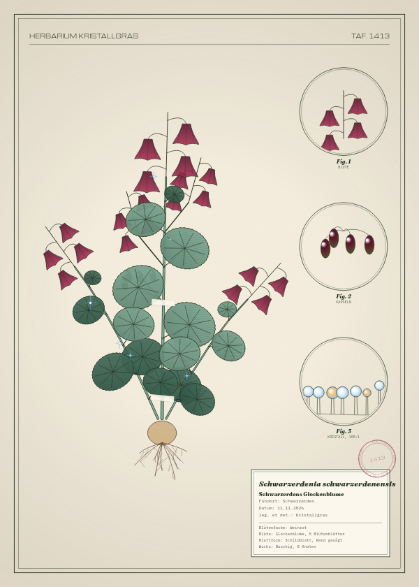 Botanische Tafel: Schwarzerdenia schwarzerdenensis, eine erfundene Pflanze aus Schwarzerden, gezeichnet wie in einem alten Pflanzenatlas