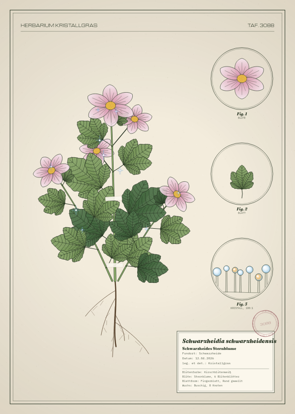 Botanische Tafel: Schwarzheidia schwarzheidensis, eine erfundene Pflanze aus Schwarzheide, gezeichnet wie in einem alten Pflanzenatlas