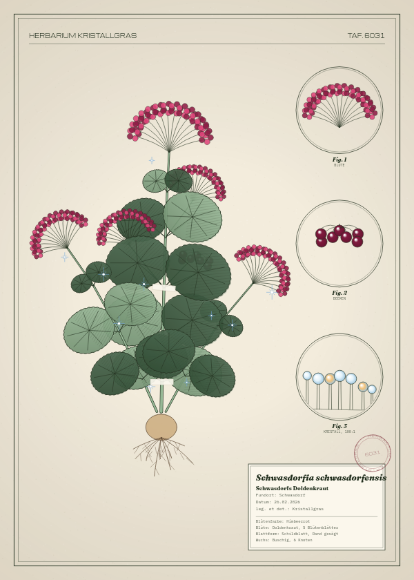 Botanische Tafel: Schwasdorfia schwasdorfensis, eine erfundene Pflanze aus Schwasdorf, gezeichnet wie in einem alten Pflanzenatlas