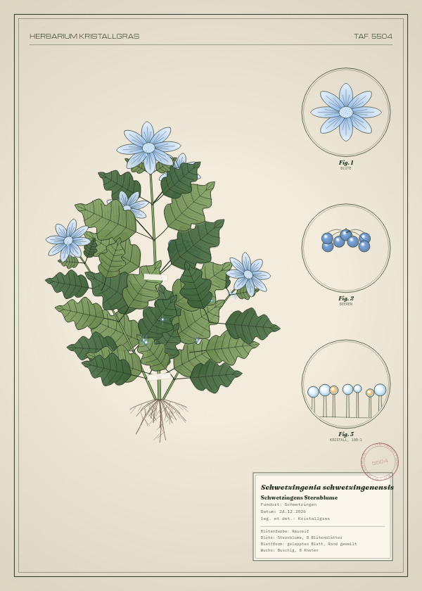 Botanische Tafel: Schwetzingenia schwetzingenensis, eine erfundene Pflanze aus Schwetzingen, gezeichnet wie in einem alten Pflanzenatlas