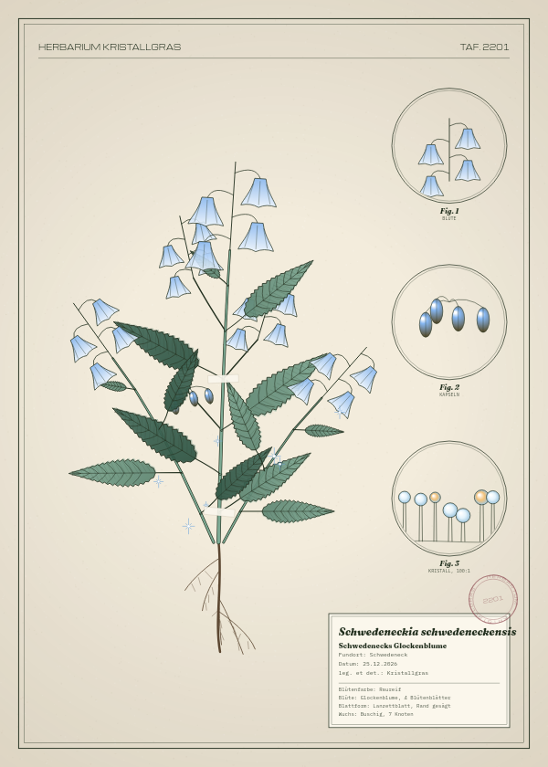Botanische Tafel: Schwedeneckia schwedeneckensis, eine erfundene Pflanze aus Schwedeneck, gezeichnet wie in einem alten Pflanzenatlas