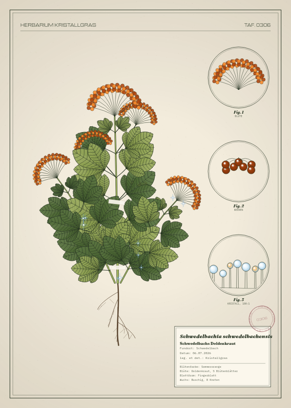Botanische Tafel: Schwedelbachia schwedelbachensis, eine erfundene Pflanze aus Schwedelbach, gezeichnet wie in einem alten Pflanzenatlas