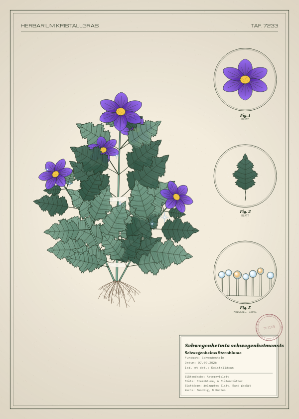 Botanische Tafel: Schwegenheimia schwegenheimensis, eine erfundene Pflanze aus Schwegenheim, gezeichnet wie in einem alten Pflanzenatlas