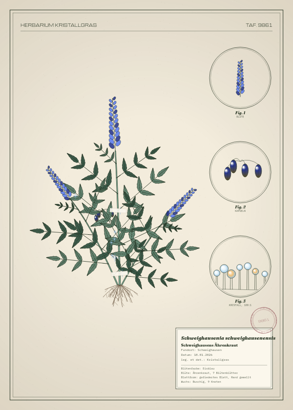 Botanische Tafel: Schweighausenia schweighausenensis, eine erfundene Pflanze aus Schweighausen, gezeichnet wie in einem alten Pflanzenatlas