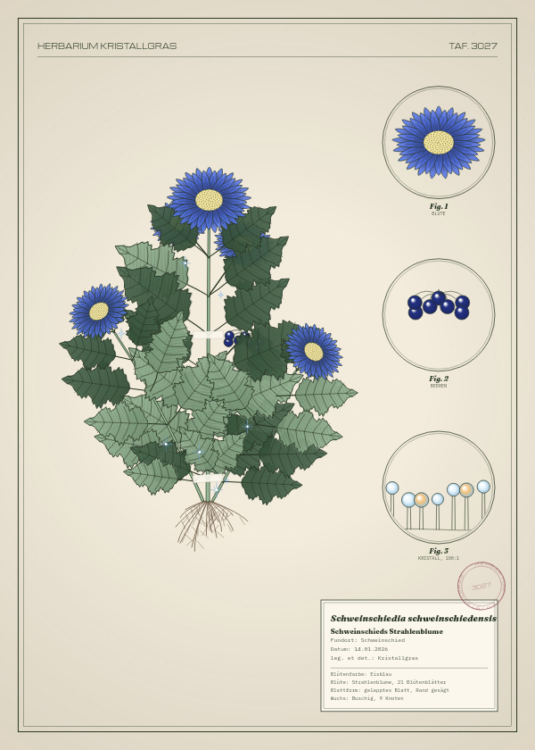 Botanische Tafel: Schweinschiedia schweinschiedensis, eine erfundene Pflanze aus Schweinschied, gezeichnet wie in einem alten Pflanzenatlas