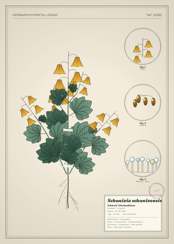 Botanische Tafel: Schweixia schweixensis, eine erfundene Pflanze aus Schweix, gezeichnet wie in einem alten Pflanzenatlas