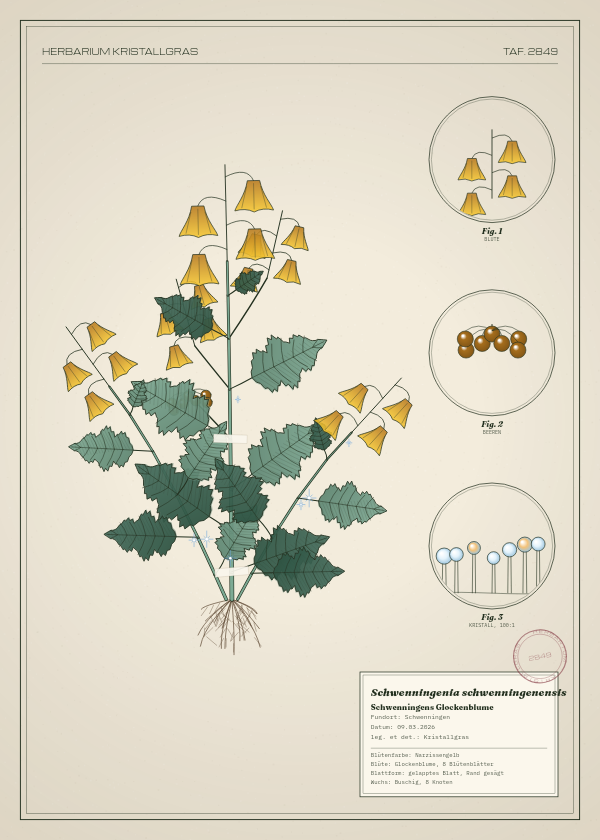 Botanische Tafel: Schwenningenia schwenningenensis, eine erfundene Pflanze aus Schwenningen, gezeichnet wie in einem alten Pflanzenatlas