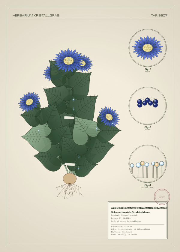 Botanische Tafel: Schwentinentalia schwentinentalensis, eine erfundene Pflanze aus Schwentinental, gezeichnet wie in einem alten Pflanzenatlas