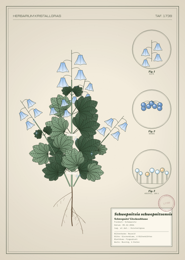 Botanische Tafel: Schwepnitzia schwepnitzensis, eine erfundene Pflanze aus Schwepnitz, gezeichnet wie in einem alten Pflanzenatlas