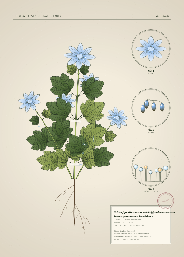 Botanische Tafel: Schweppenhausenia schweppenhausenensis, eine erfundene Pflanze aus Schweppenhausen, gezeichnet wie in einem alten Pflanzenatlas