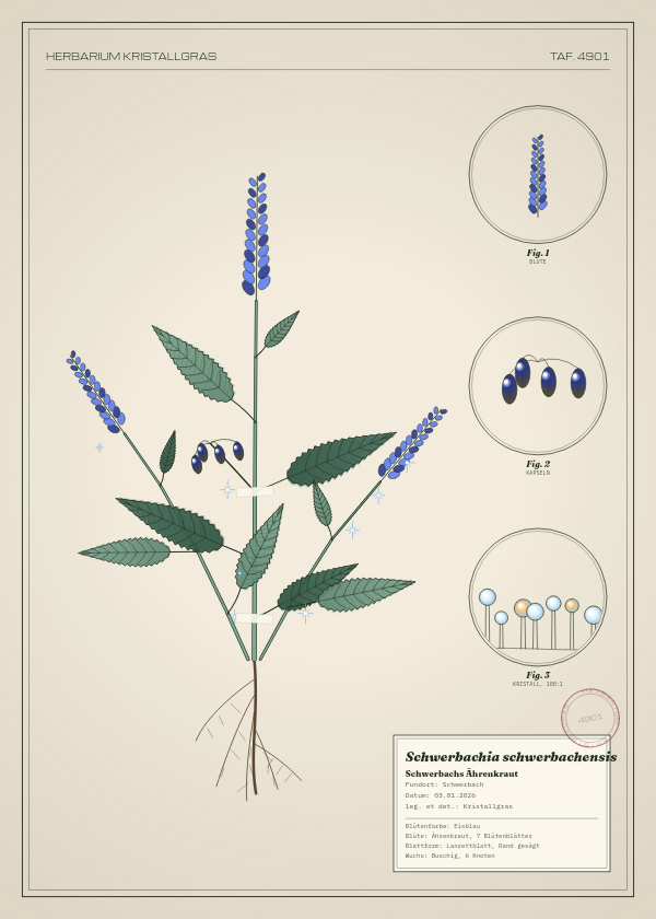 Botanische Tafel: Schwerbachia schwerbachensis, eine erfundene Pflanze aus Schwerbach, gezeichnet wie in einem alten Pflanzenatlas