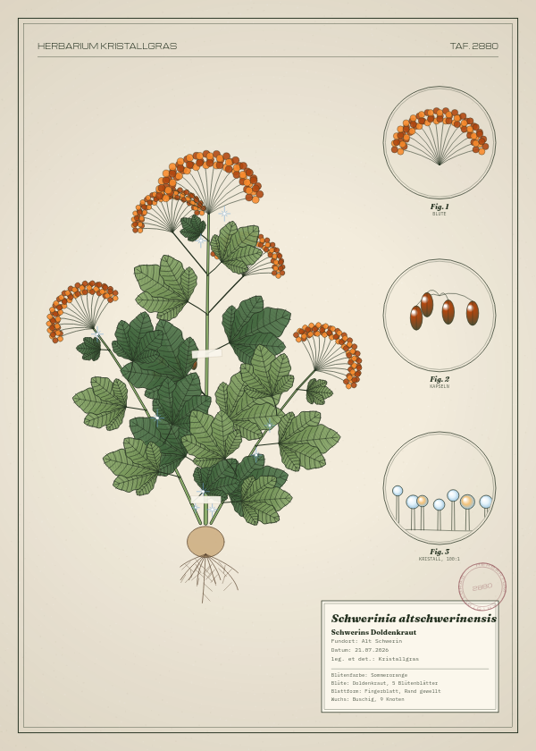 Botanische Tafel: Schwerinia altschwerinensis, eine erfundene Pflanze aus Alt Schwerin, gezeichnet wie in einem alten Pflanzenatlas